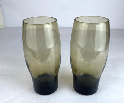 Set of 2 Libbey Smoke Glass Tumblers   7''   False Bottom   Vintage