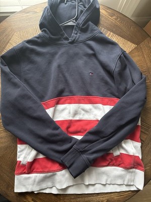 Tommy Hilfiger Men s L Pullover Hoodie Fleece Cotton Striped Logo Blue