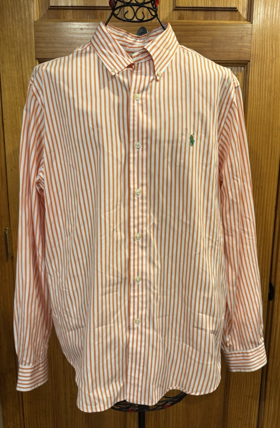 Ralph Lauren Men's Long Sleeve Button Down Orange White Stripe Large Shirt