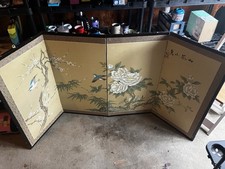 Japanese Folding Screen, Birds & Flowers, Calligraphy Red Seal Byo bu