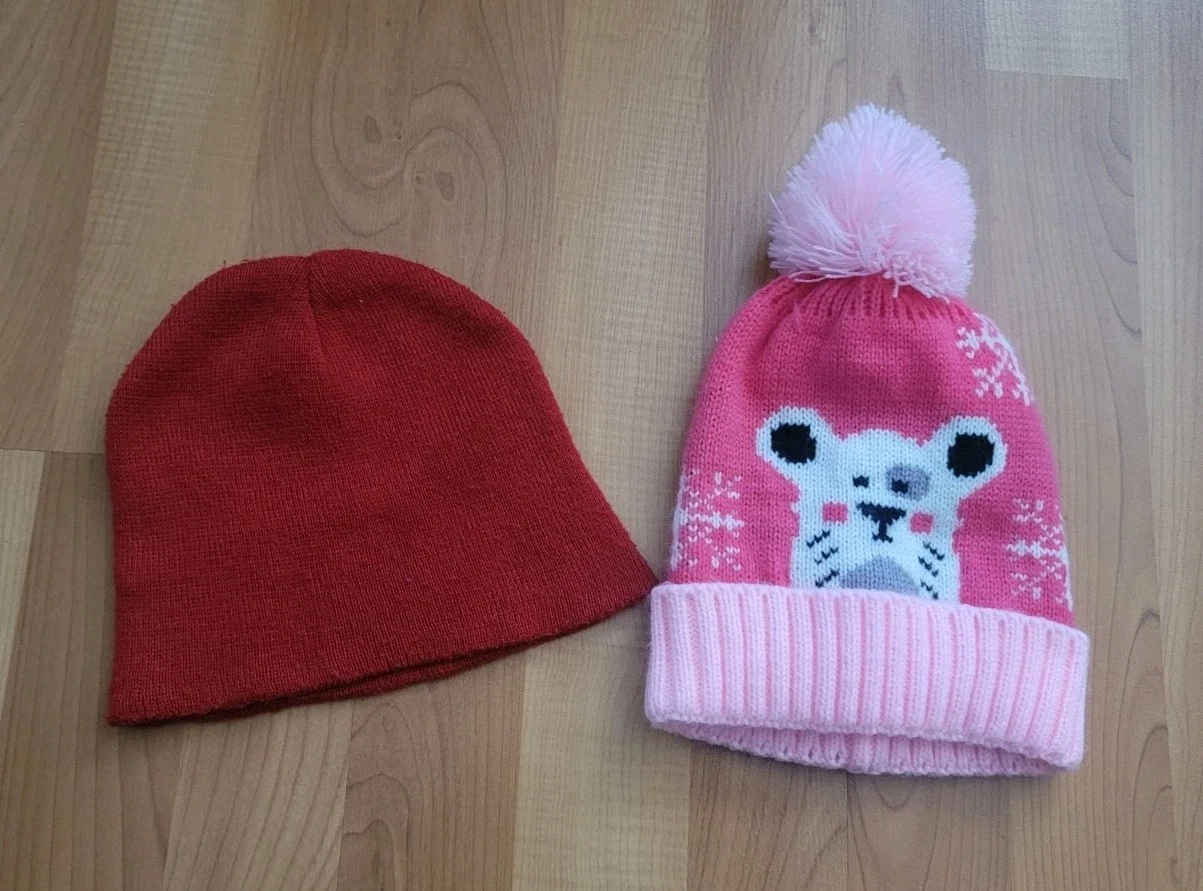 Gymboree Girls Sz 12-24M 2T Winter Hat Knitted Pink W/Pom-pom Red Hat Lot Of 2