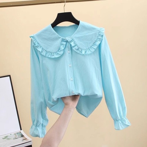 Mujeres Camisa Lolita Blusa Cuello Solapa Manga Larga Volantes Preppy Prendas para el torso Sueltas Nueva - Imagen 11 de 11
