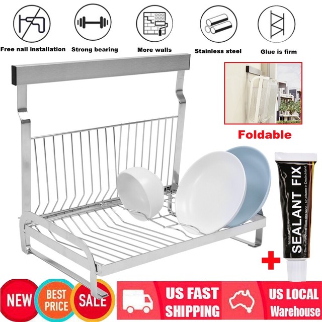Folding Wall Mounted Dish Drying Rack Drainer Kitchen Utensils