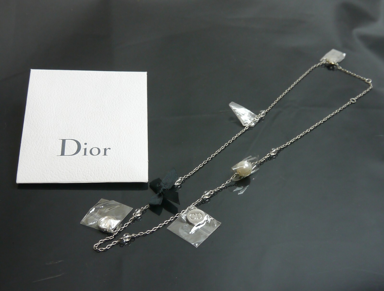 Authentic Christian Dior Necklace ribbon Metallic 1… Gem