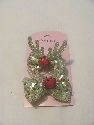 NEW SET OF 2 RIVIERA GIRL'S GOLD SEQUIN REINDEER ANTLER BOWS