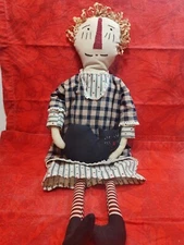 Primitive Style Raggedy Ann Cloth Doll Homespun Embroidered Face 22" Vintage 