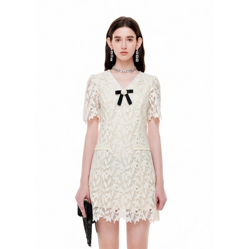 OFF WHITE Abito corto stile francese donna manica corta pizzo ricamo scollo V slim fiocco