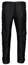Mens LEATHER MOTORCYCLE TROUSERS Classic Cowhide Black BIKER JEANS Laces