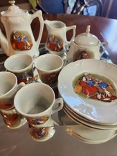 11 PC Antique German Childs Toy Tea Set, Child, Baby, Dog On a Swing Set