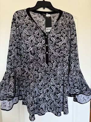 NWT Slim Factor By Investments L Large Black Paisley Top Flare Sleeves