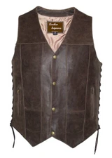 Mens 10 Pocket Concealed Carry Rustic Brown Buffalo Hide Leather Vest W Holster