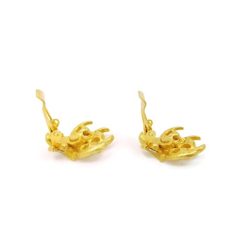 Vintage Earrings Gold Tone Textured Frond Leaves Clear Rhinestones Clip On - Picture 4 of 8