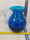 Blenko Hand Blown Glass Pitcher Cobalt Blue And Clear 9" Tall