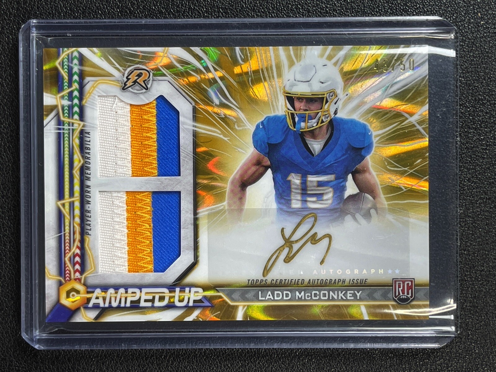 2024 Topps Resurgence Ladd McConkey Amped Up Rookie Patch Auto Gold 43/50