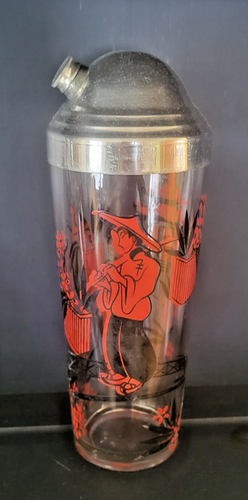 Scarce MCM Hazel Atlas Cocktail Shaker, Red & Black Oriental Pattern