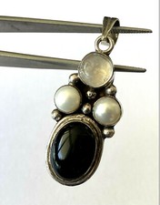 Sterling Silver 925 Moon Stone 2 Pearl Black Onyx Ladies Pendant Charm