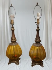 Lamp Pair Vintage Large Mid Century Amber Glass Globe & Brass Finish Lamps