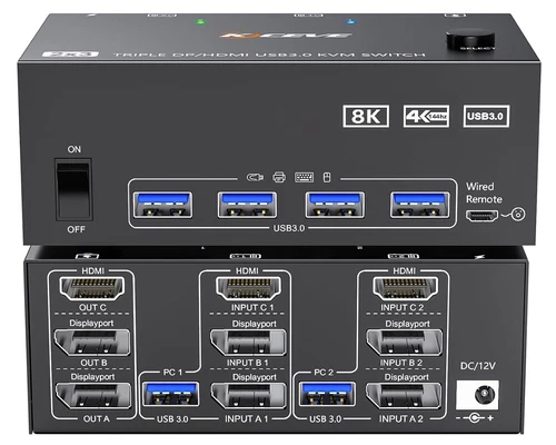 KVM Switch 3 Monitors 2 Computers 8K@60Hz 4K@144Hz HDMI+2 Displayport