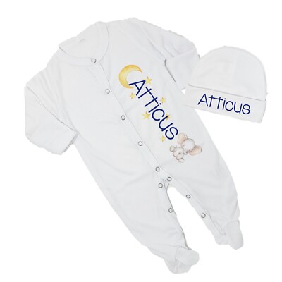 Baby Boy Personalized Elephant Moon Footed Sleeper Coming Home Outfit