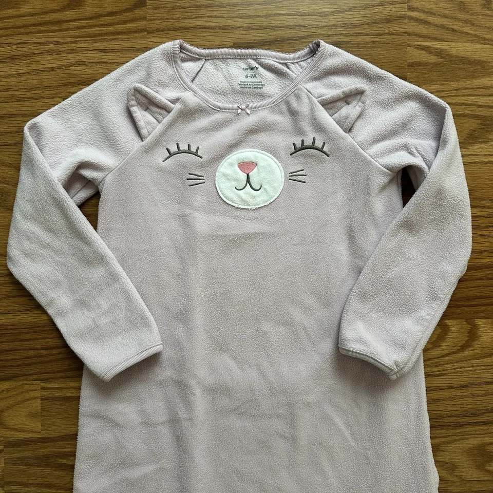Camisón Carter’s Niñas Talla 6-7A Manga Larga Vellón Lavanda Orejas de Gatito Usado en Excelente Condición! Foto 3 de 4