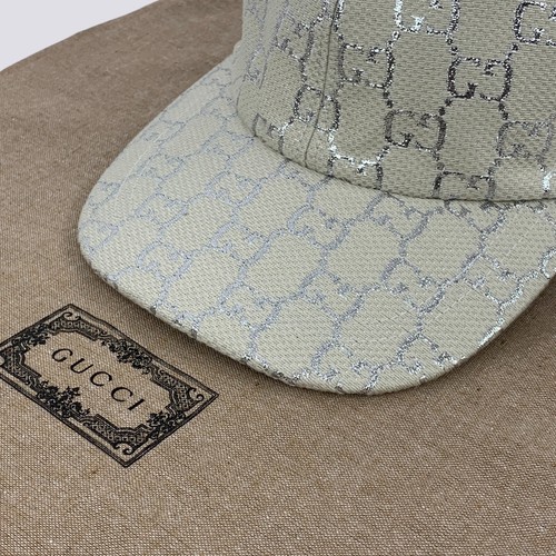Gucci GG Monogram Silver Lame Canvas Baseball Cap Hat White Size M - Picture 2 of 23