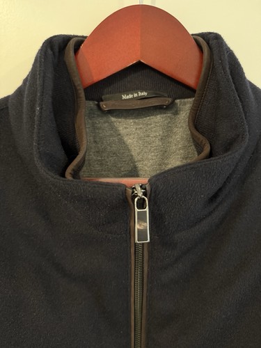 Zegna Cashmere Padded Bomber Jacket Leather Trim Navy Blue Men’s XL - Picture 3 of 7