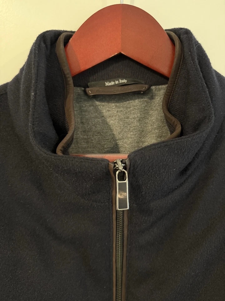 Zegna 羊绒加厚轰炸机夹克皮革装饰海军蓝男式 XL — 第 3/4 张图片