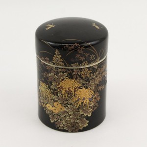 Toyo Golden Kiku Gold/Black Floral Maki-e Lacquer Japanese Porcelain Tea Caddy