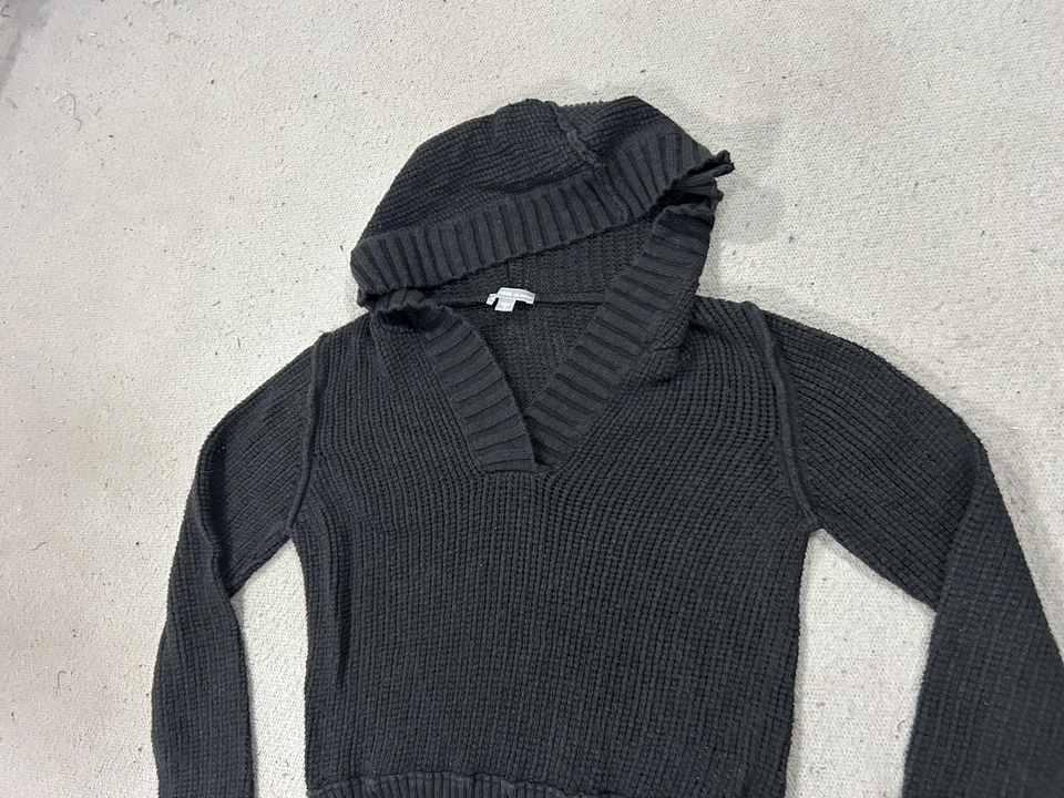 Suéter James Perse Mujer 3 Negro Con Capucha Cuello en V Algodón Lino Tejido Lujo Acogedor Foto 2 de 4