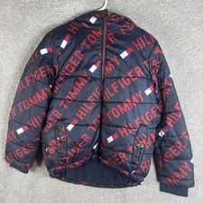 Tommy Hilfiger Jacket Boys 10-12 Blue Hooded Puffer Full Zip Logo Print Fleece