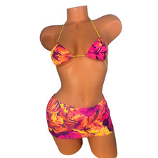 Three piece bikini set Neon Floral pink and orange