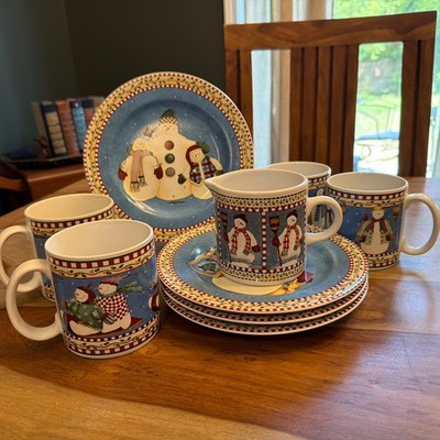 Debbi Mumm Sakura Jolley Snowmen Christmas Plates Mugs Creamer Farmhouse Set