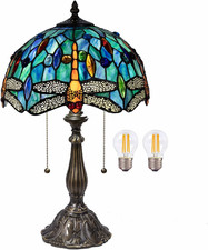 Tiffany Dragonfly Table Lamp, 12" Stained Glass with 2 LED Bulbs Included