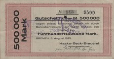 Bremen - Haake-Beck-Brauerei, Weizs&auml;cker & Co. - 500 Tausend Mark  - Entwertung