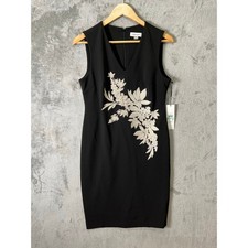 Calvin Klein Black Sleeveless VNeck Sheath Dress Ivory Puff Beaded Floral 8 New