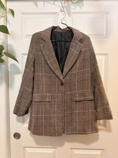 Plaid Brown Single-Button Blazer Jacket