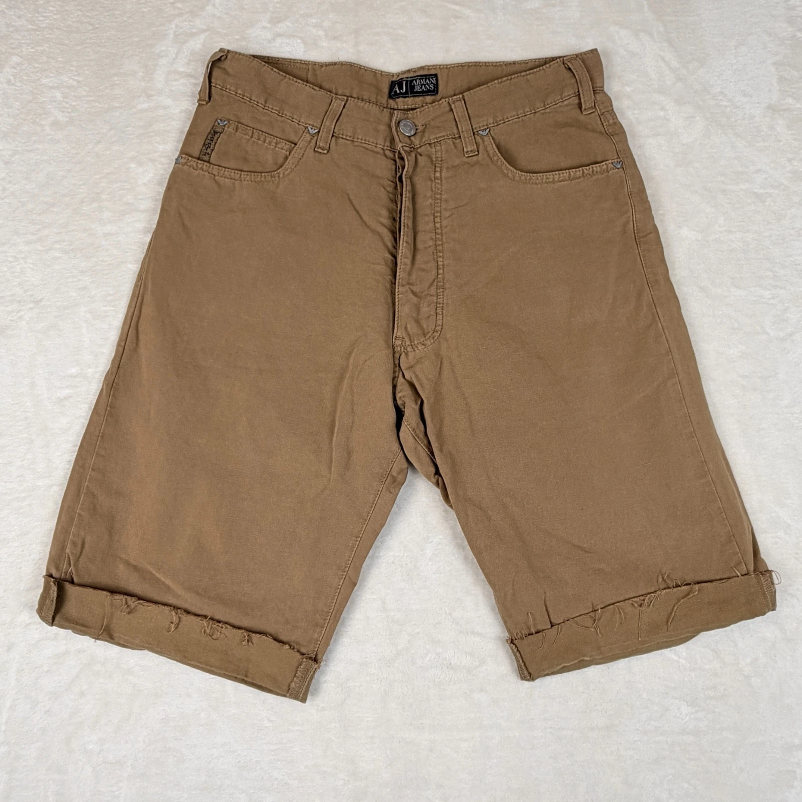 Armani Shorts Mens 31 Brown Linen Blend Metal Logo Cuffed Raw Hem Button Fly