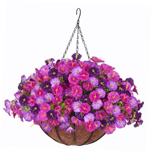 Artificial Hanging Faux Flowers Basket, Fake Silk Petunias Plants
