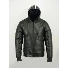 Men's Black Leather Hooded Jacket Zip Up Biker Motorcycle Casual Bomber Coat