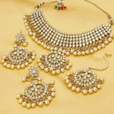 Gold Plated Kundan Pearl Choker Necklace Earrings & Tikka Bollywood Jewelry Sets