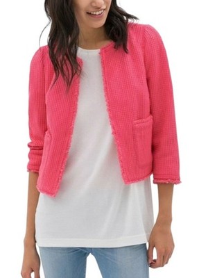 Zara Basic Cotton Tweed Jacket Frayed Fringe Pink Womens Size Medium NEW