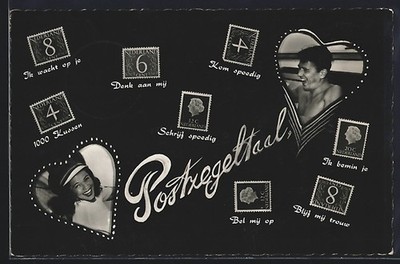 Postcard stamp language, Ik wacht op je, Denk aan mij, Komspoedig, 1000 kisses-P 