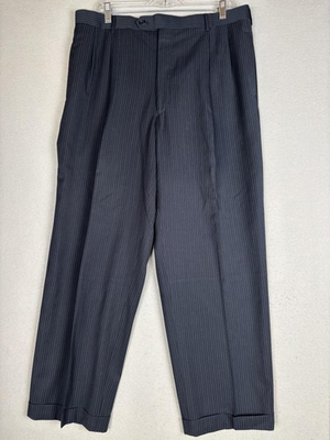 #ad Mazzoni Dress Pants Mens 36 Navy Pinstripe Pleated Front Cuffed Classic Fit $24.99
