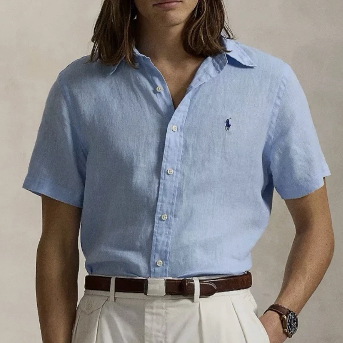 Polo Ralph Lauren Mens sizeXL 100% Linen Short Sleeve Button Up Shirt Light Blue