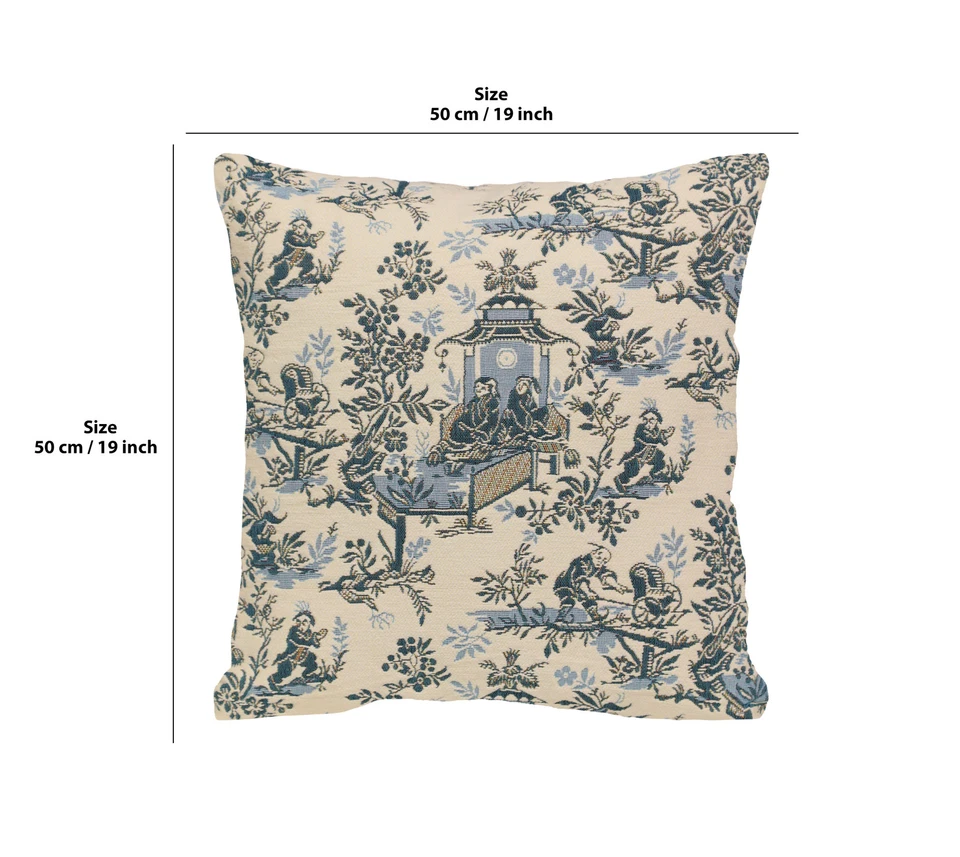 The Chinese on a Wheelbarrow Kiosk Blue 19x19 in French Tapestry Cushion Cover - Image 2 of 4
