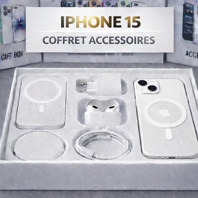 Gift Box iPhone 15 : Chargeur + Batterie + Coque + Écouteurs Bluetooth + Câble - Photo 1/4