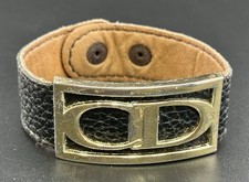 Vintage Christian Dior Monogram CD Plate Logo Black Leather Cuff Bracelet Z3