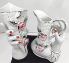 VTG 2 Empress Effects Milk Glass Hobnail Ladies Hands Holding Bud Vase Figurines