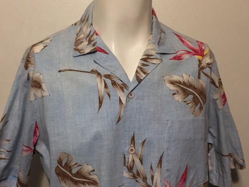 Vintage 1980s Reverse Print Floral Hawaiian Aloha Shirt L Blue Bird Of Paradise - Picture 3 of 7