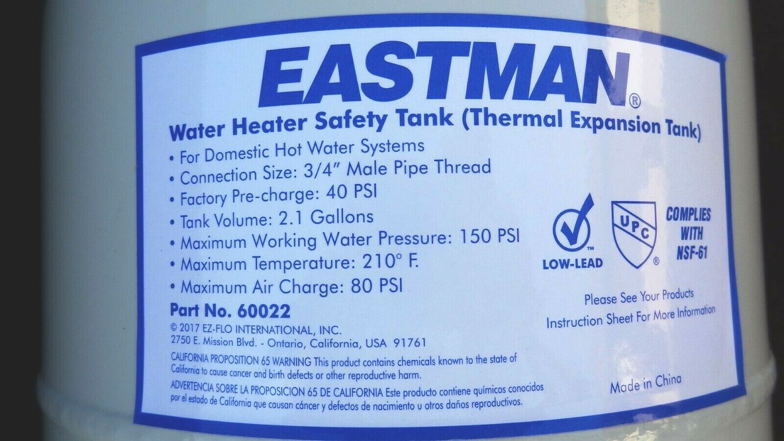Eastman 60022 Thermal Expansion Tank 2 Gallon Water Heater Safety Tank